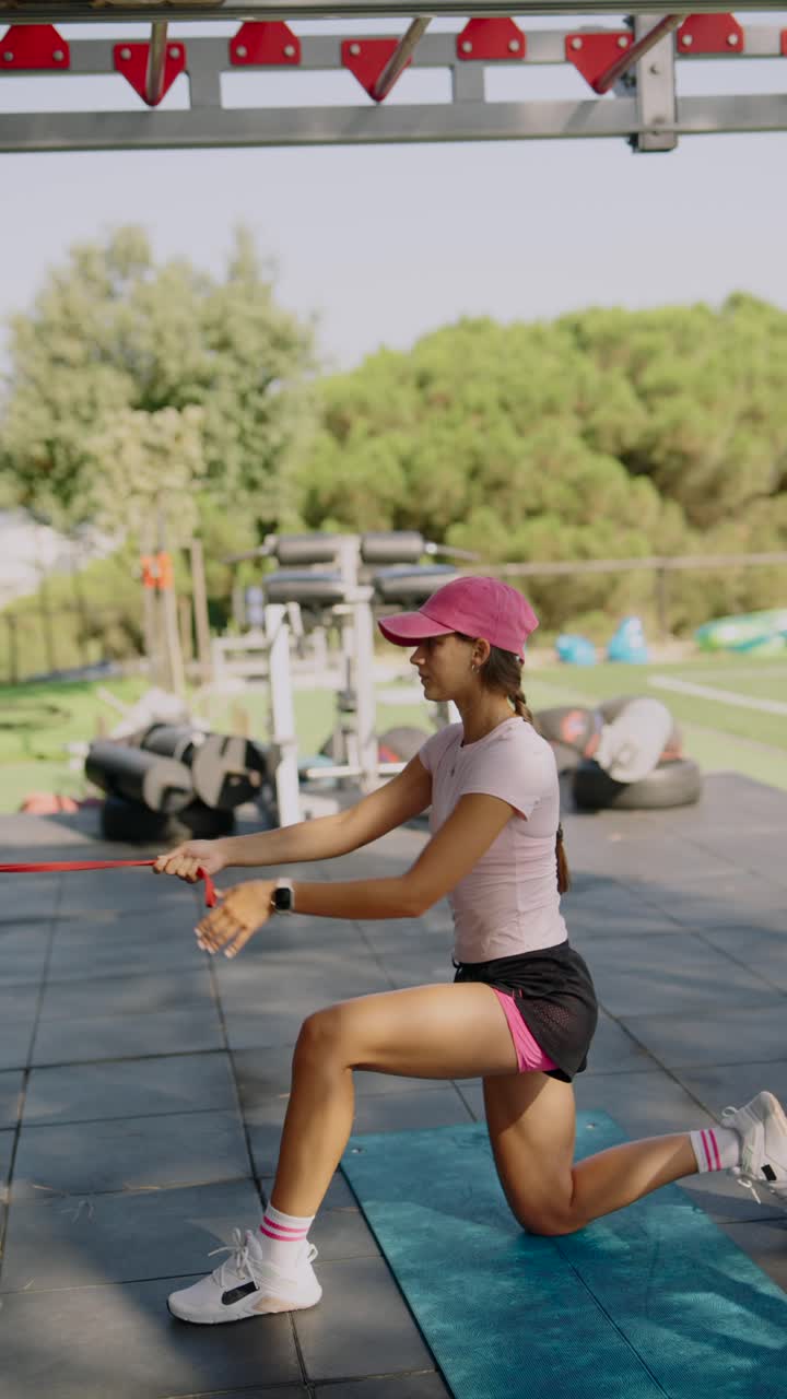 mujer haciendo ejercicio de banda de resistencia al aire libre
