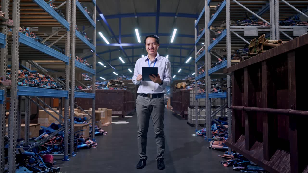 Full Body Of An Asian Male Professional Worker Standing, Industrial Scrap Metal and Recycling Warehouse, Typing On Tablet'S Keyboard With Green Screen And Look At The Factory Once