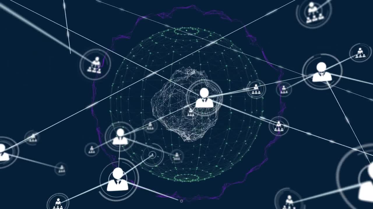 Animation of profile icons connected with lines over abstract pattern in dots forming globe