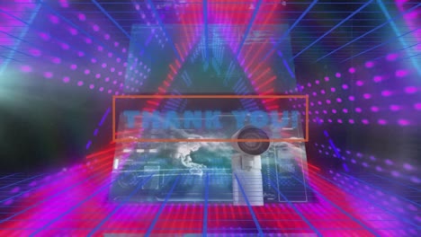animación de texto de agradecimiento sobre túnel de triángulo digital y pantallas sobre fondo negro