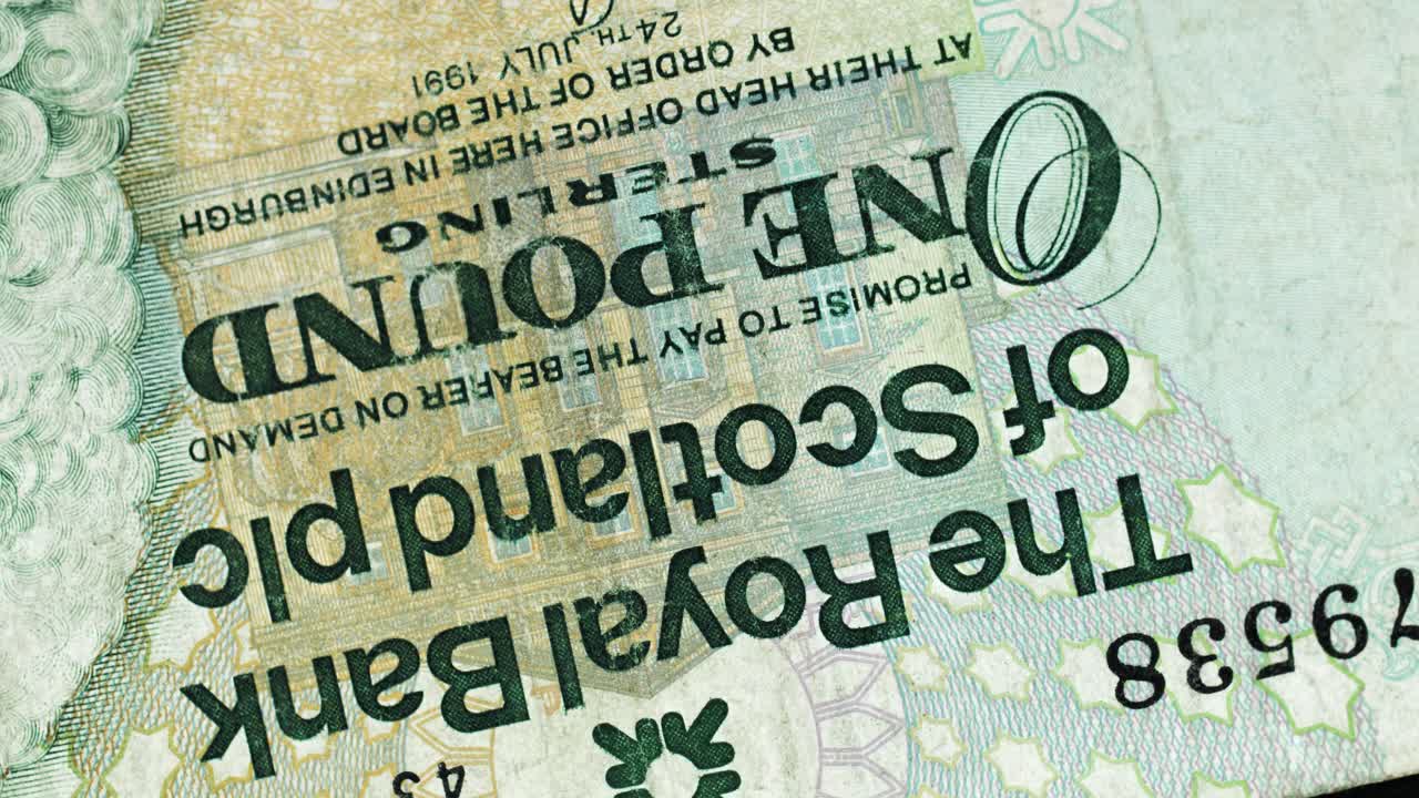 Royal Bank of Scotland one pound banknote obverse with text detail rotating on black background