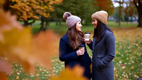 two women enjoying coffee in an autumn park