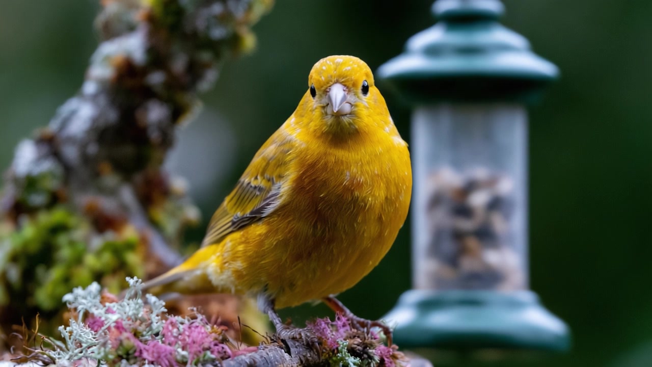 Affascinante uccello giallo appollaiato elegantemente vicino a una mangiatoia per uccelli, che mostra piume vivaci e un'espressione intrigante in un ambiente naturale.