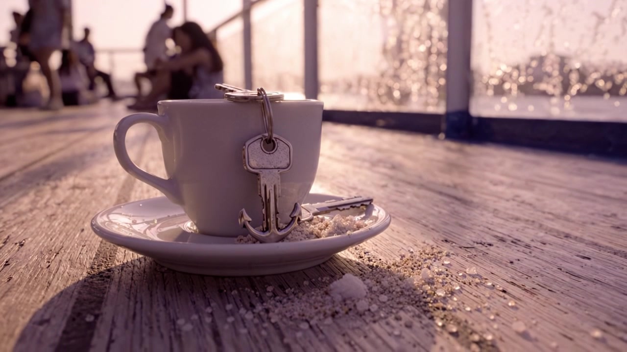 Et fredfullt øyeblikk fanget med en delikat kopp kaffe, prydet med en sjarmerende anker-nøkkelring, plassert mot en vakker vannkant og skimrende lys