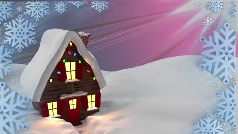 Animation-Von-Schnee,-Der-In-Der-Nächtlichen-Winterlandschaft-über-Das-Haus-Fällt