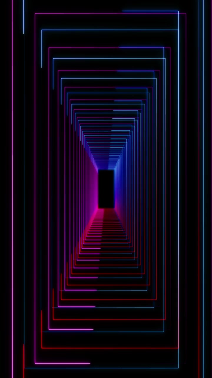Neon rectangle tunnel background with blue pink and red glowing lines deep corridor perspective and