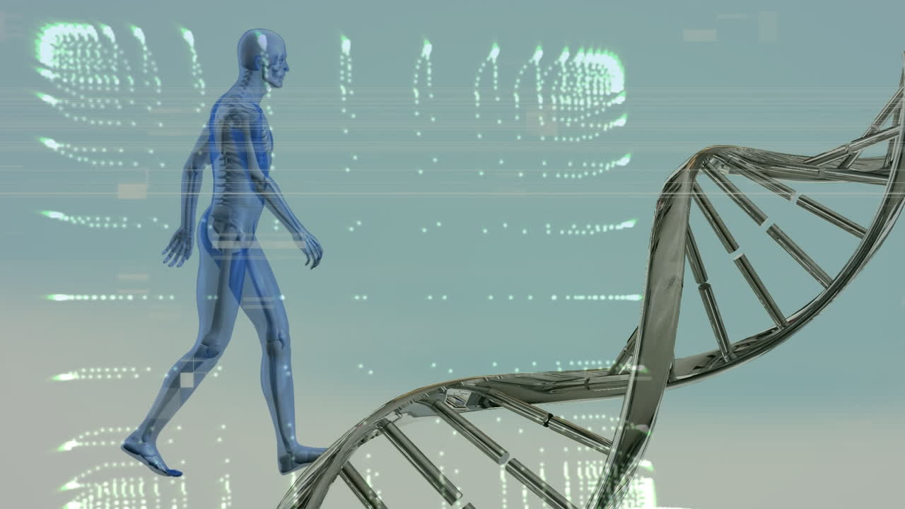 Animation of spots and digital human over dna strand