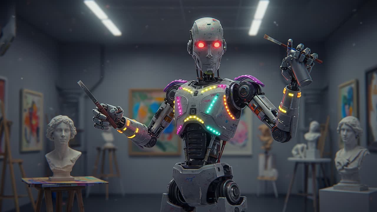 A Futuristic Robot Artist in a Gallery, Showcasing Creative Talents with Colorful LED Lights and Sculptures, Merging Technology with Artistic Expression in a Modern Space