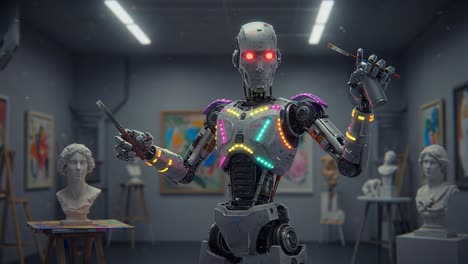 a futuristic robot artist in a gallery, showcasing creative talents with colorful led lights and sculptures, merging technology with artistic expression in a modern space