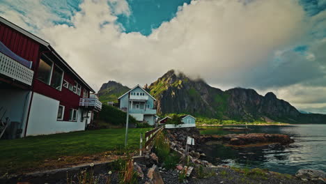 walking around a nordic local town in in the lofoten islands, norway. view of the scenic green landscape.
