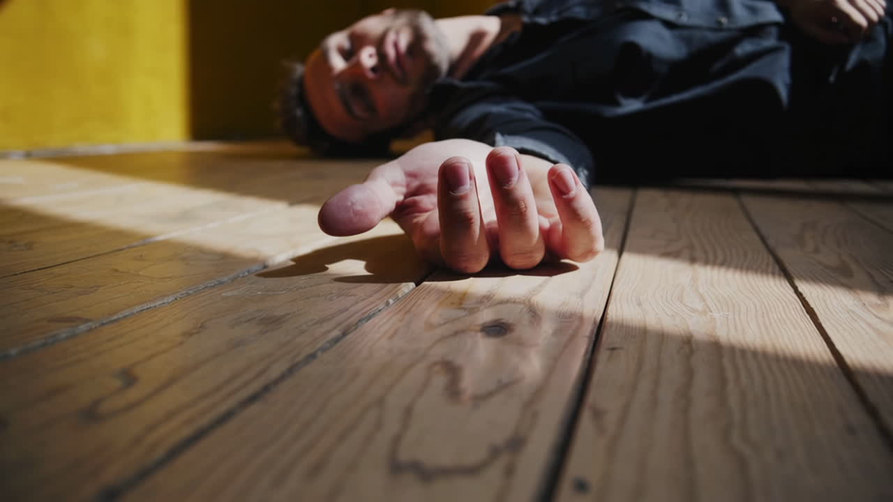 A man lying unconscious on a wooden floor