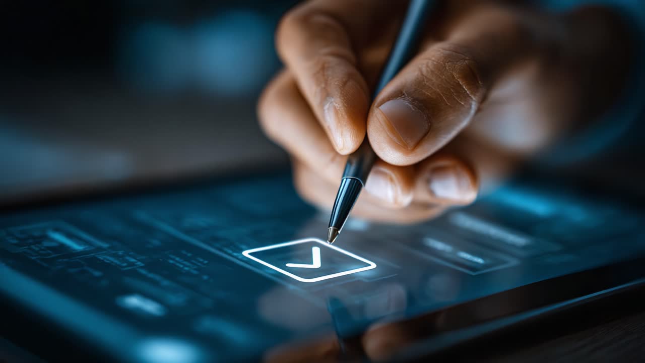 A Detailed Look at a User Interacting with a Digital Device, Engaging in an Approval Process Through a Touchscreen Interface with a Stylus Pen