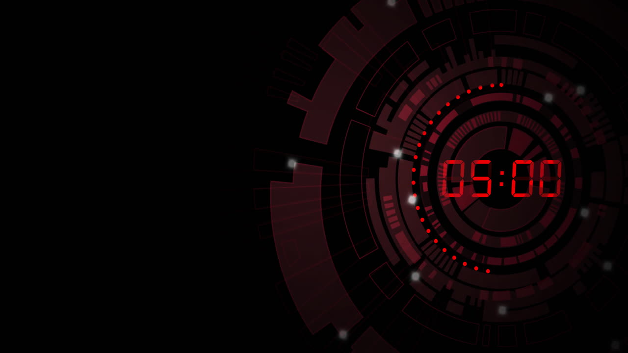 Animation of red digital timer changing on red circles over black background