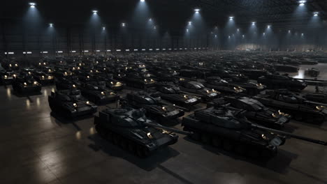 hundreds of military tanks stored inside a large warehouse