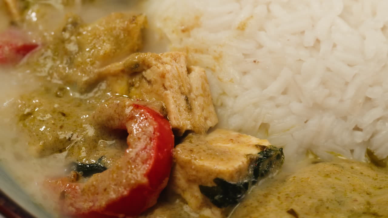 Close-up of Green Curry with Tofu and Rice