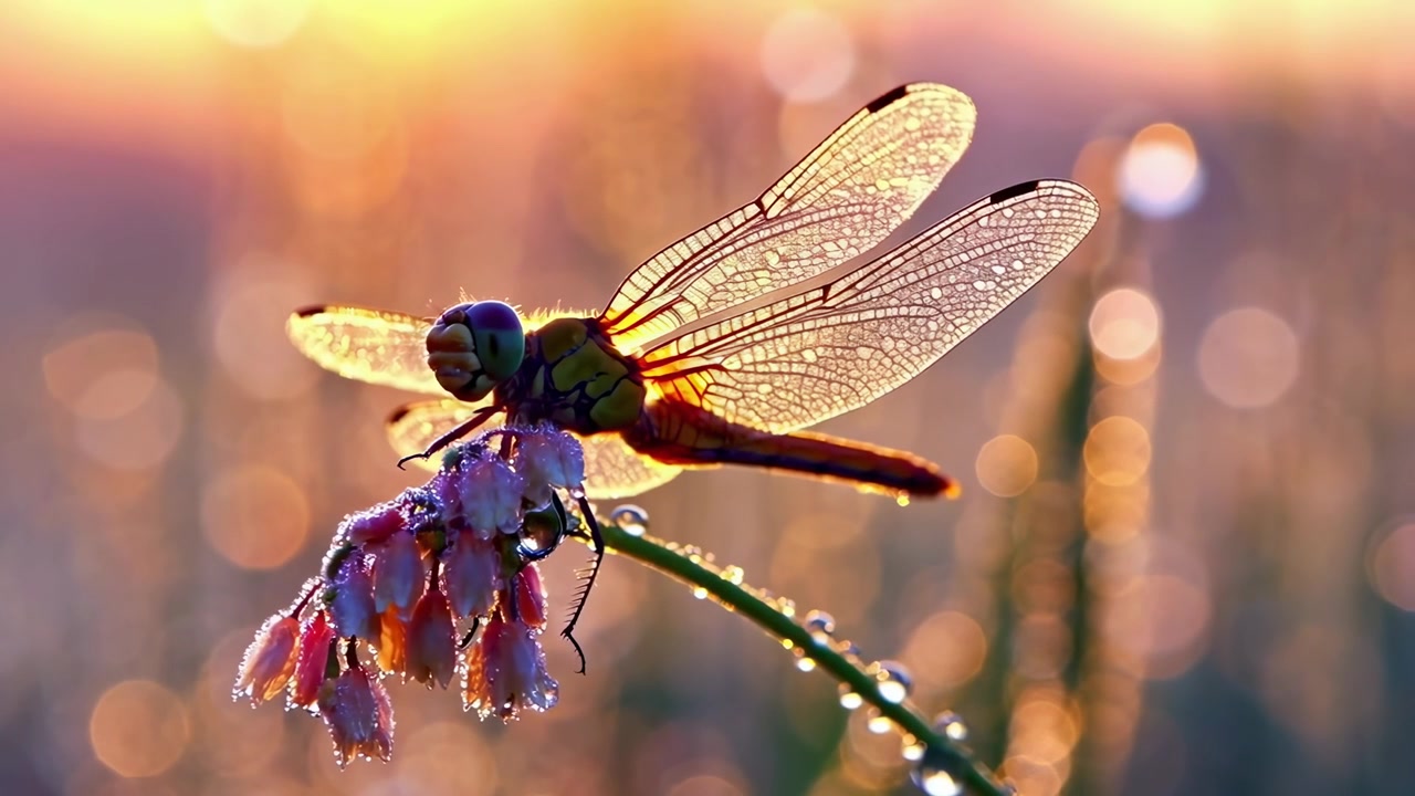 Libellula posata su un fiore all'alba