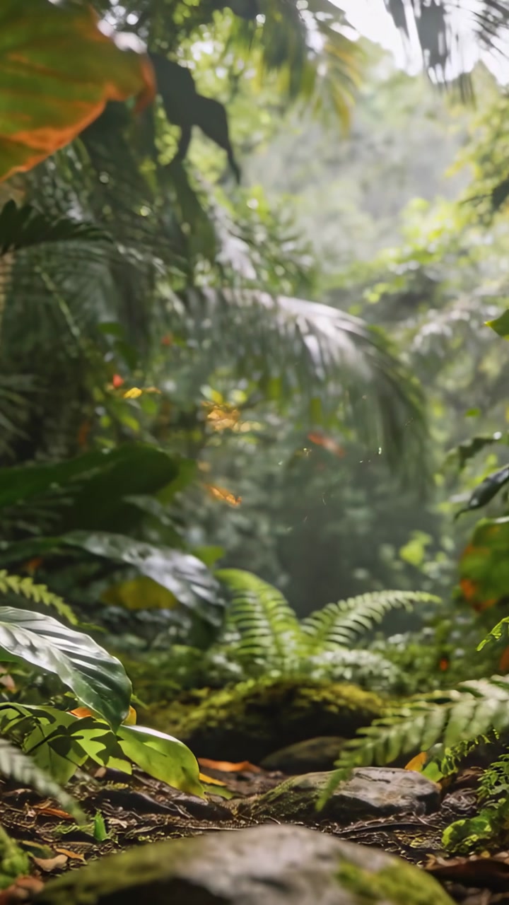 Vertical video: Pulling camera revealing mossy rock, fern rosette on tropical floor, to reveal fern