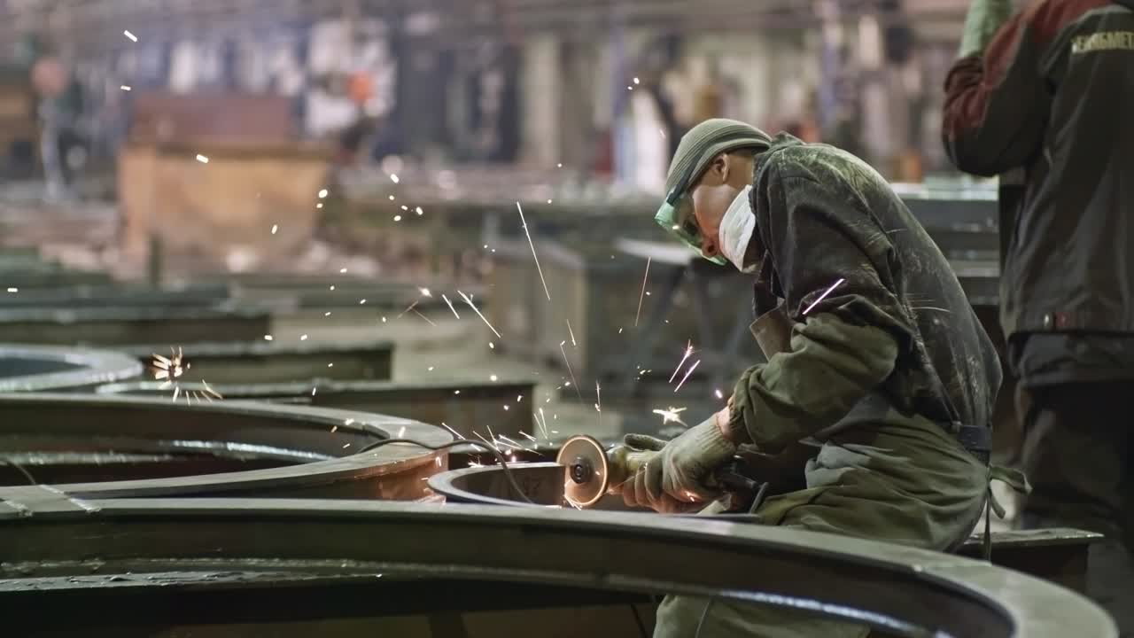 금속 제조 시설에서 강철 부품을 는 노동자