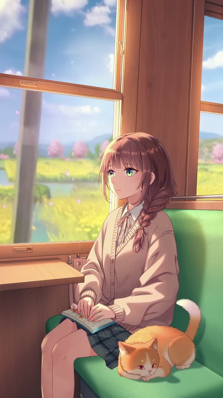 Fotogramma video in stile anime di una ragazza e un gatto su un treno, vista laterale, con vista panoramica dal finestrino
