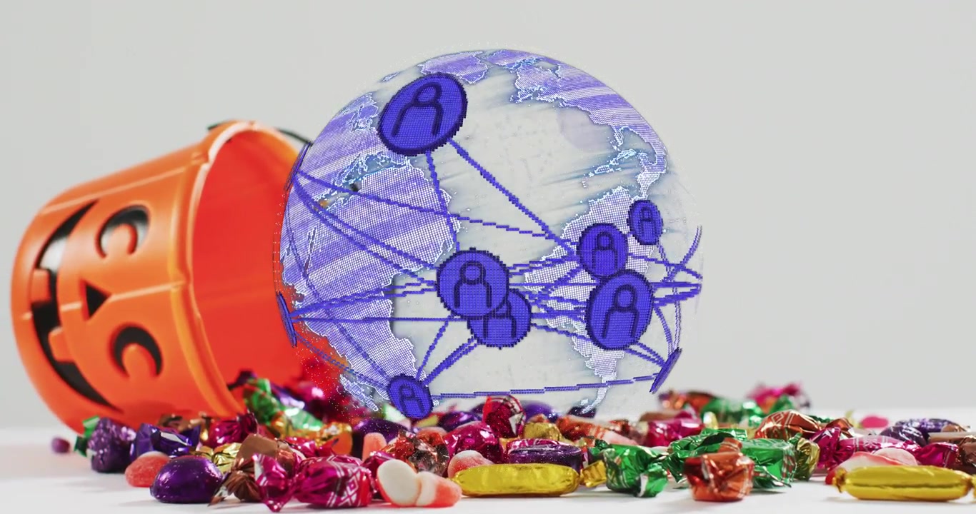En bøtte velter og utløser en 3D digital globus som dannes over et godterisøl, og visualiserer et globalt nettverk.