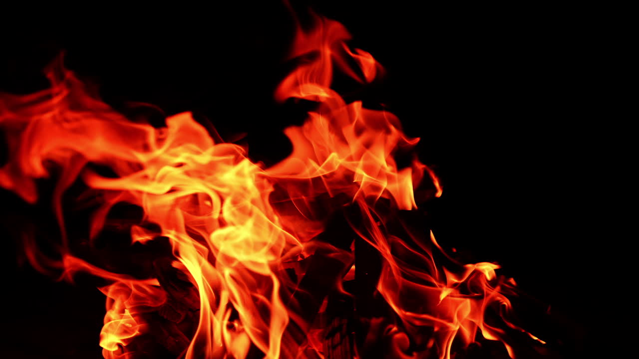 Red flames covering the wooden logs in the campfire. Close up. Campfire at black backdrop.