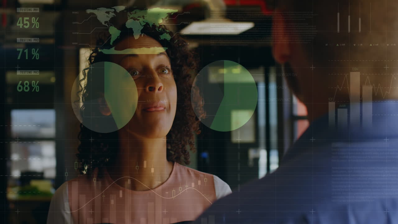 animación del procesamiento de datos estadísticos contra hombres y mujeres diversos discutiendo en la oficina