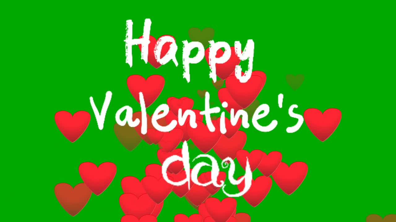 Icone a forma di cuori e testo "Buon San Valentino" in animazione cartone animato su sfondo green screen.