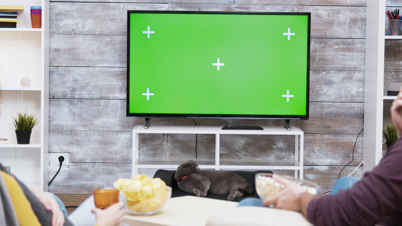 Couple watching TV with green screen and their cat in the living room