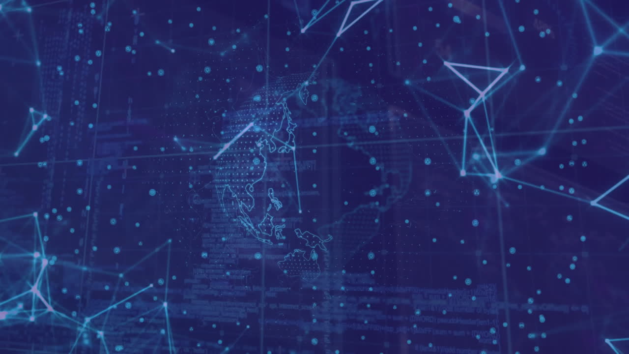 파란색 배경에서 전 세계 연결 및 디지털 데이터 처리의 애니메이션