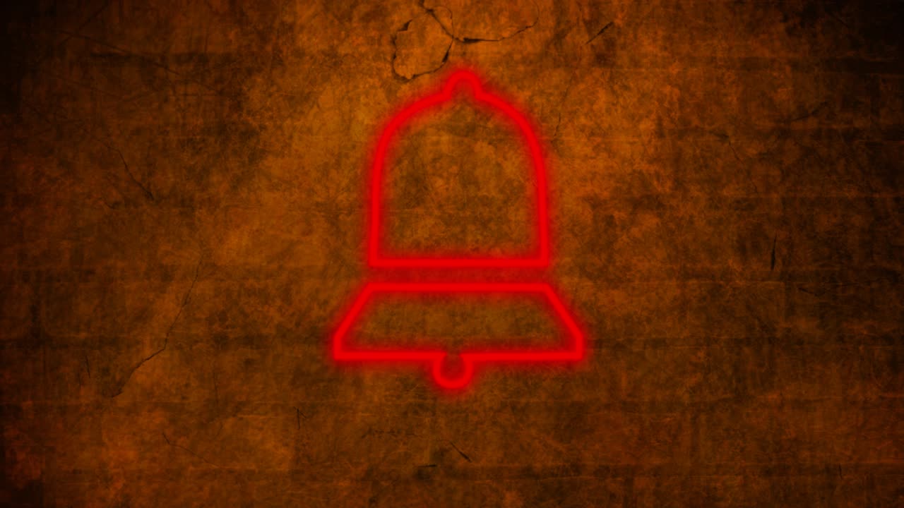 벽돌 벽에 박이는 네온 종 알림 아이콘의 애니메이션