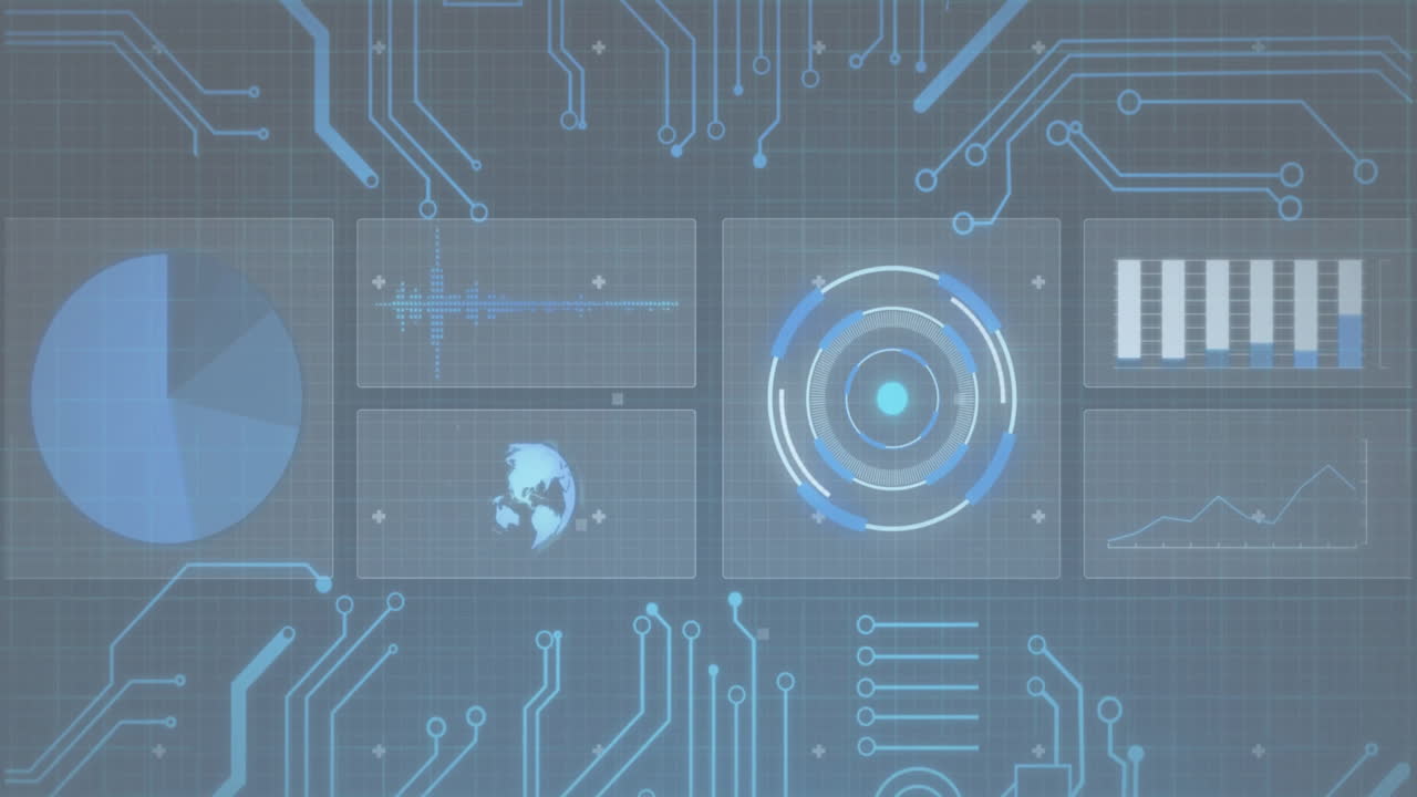 Circular HUD graphic being rotated in digital interface, showing chart panels and glowing circuits