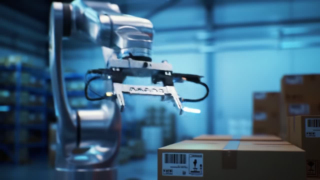 Advanced Robotic Arm Manipulating Packages in a Modern Warehouse Environment: A Glimpse into Automation and Efficiency in Supply Chain Operations