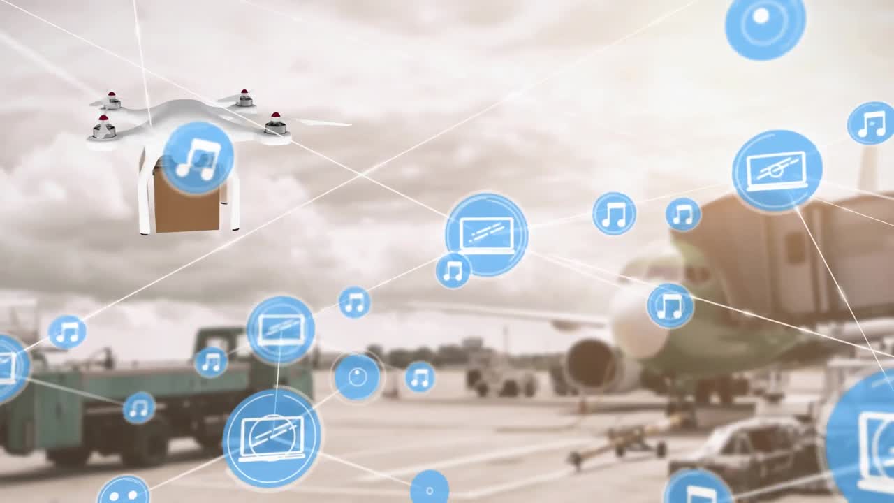 공항에서 패키지를 운반하는 비행 드론에 대한 디지털 아이콘 네트워크의 애니메이션