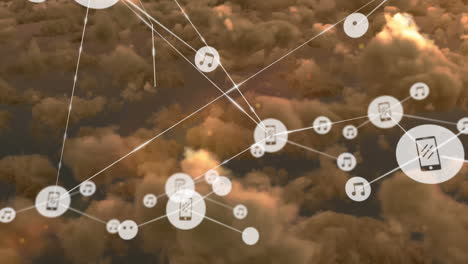 animation of network of connections with icons over clouds