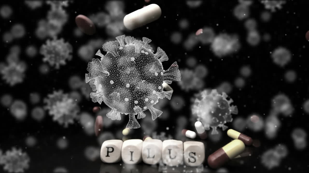 떨어지는 알약과 텍스트 알약으로 스크래블 블록 위에 떠다니는 매크로 코로나19 세포의 애니메이션