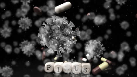 animation of floating macro covid-19 cells over falling pills and scrabble blocks with text pills