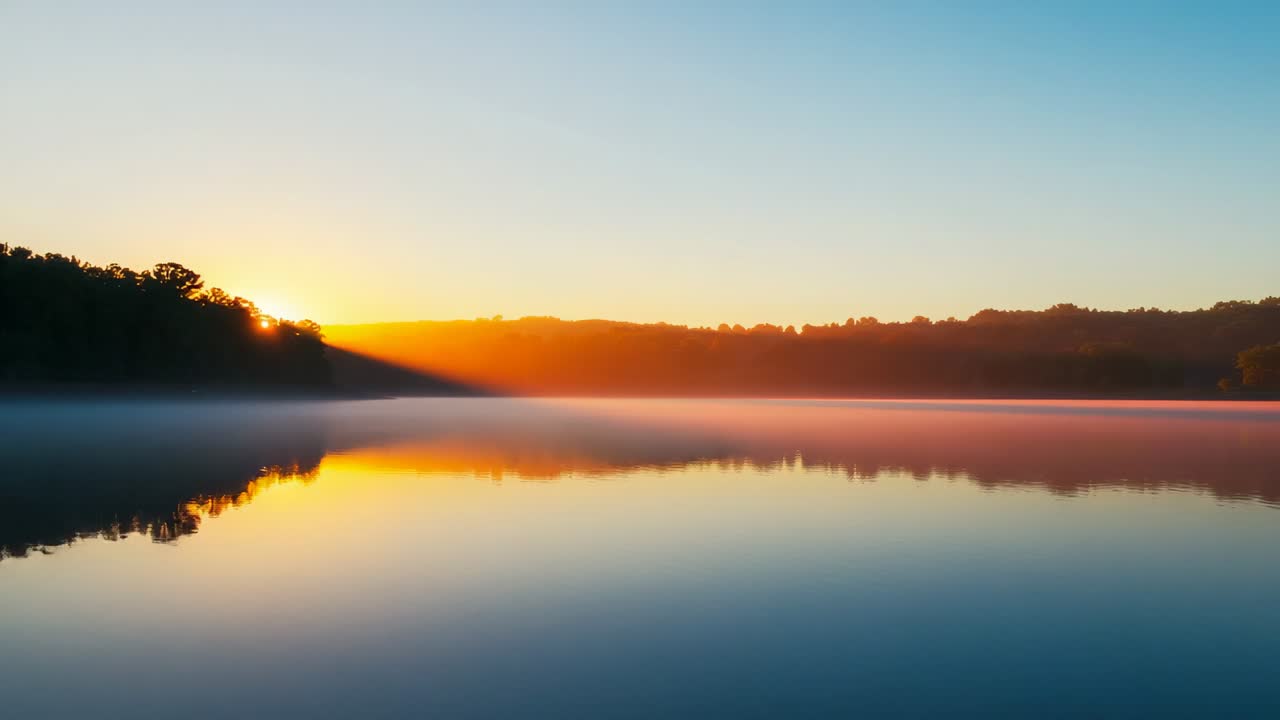 Emerging orange glow sparking rising sun climbing over lake shoreline at dawn with drifting mist