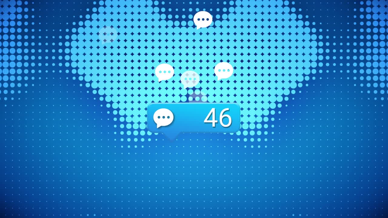 파란색 배경의 모양 위에 점점 더 많은 수의 음성 거품 아이콘의 애니메이션