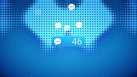 animación de iconos de burbujas de habla con un número creciente sobre formas en fondo azul