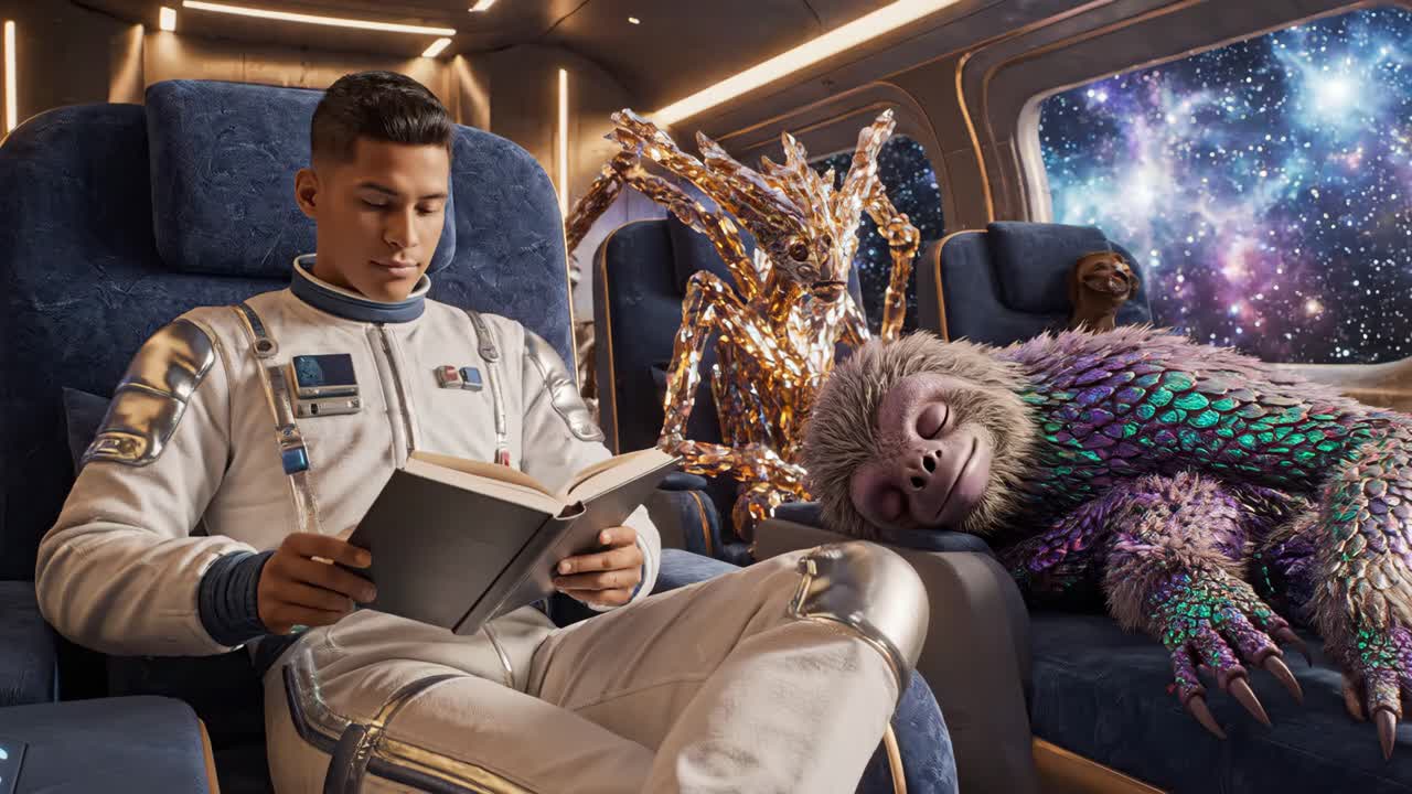 A futuristic spaceship scene with an astronaut and alien creatures