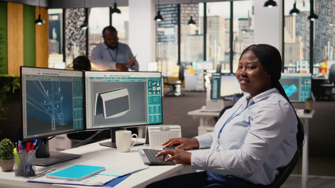 Happy Product Developer In Office Using Advanced Solar Cell Technology