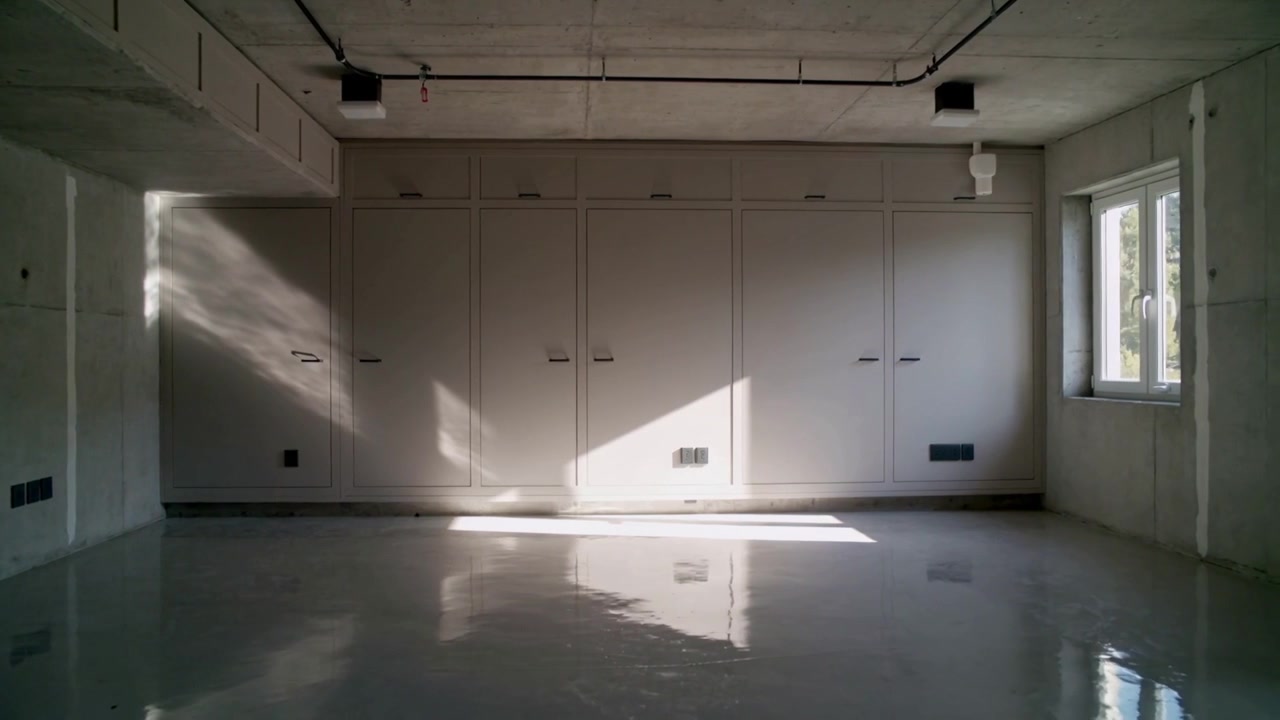 Streaming sunlight shifting patch across floor and cabinets from right window as sun moves