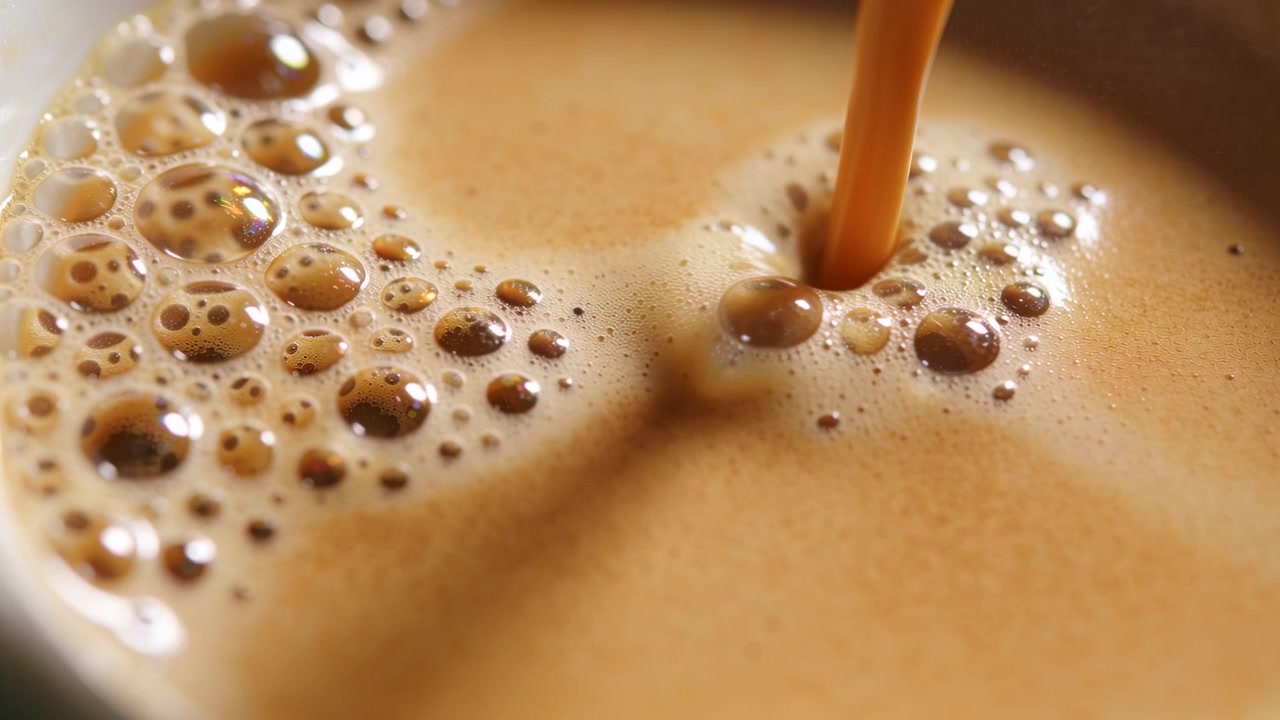 Getto che si versa dall'alto a destra, colpendo la crema su una tazza sul bancone, spingendo la schiuma e unendo le bolle