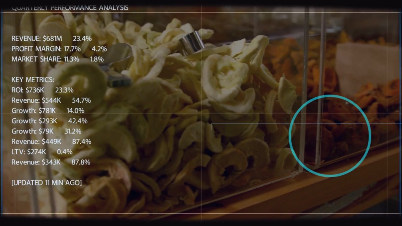 Vertical video: Snack display getting retail profit update, metrics filling, blue ring on right bin