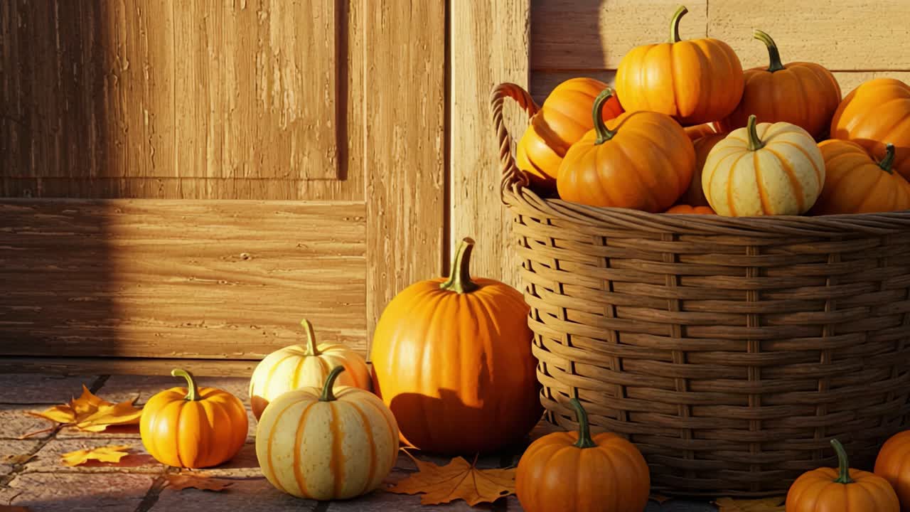 Autumn Pumpkin Display with Wicker Basket and Fall Leaves