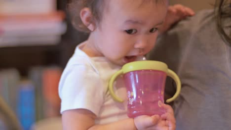 un niño pequeño sostenido por su madre bebe de su taza de beber