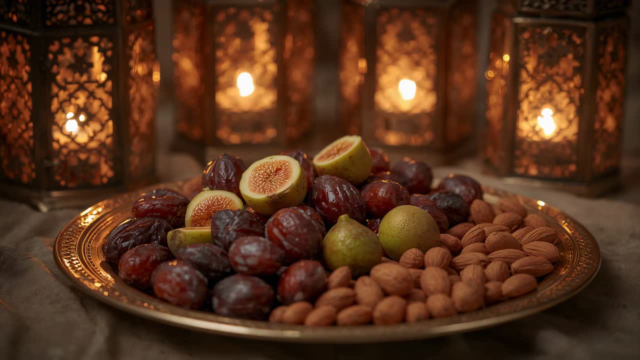 Pushing camera revealing brass platter on cloth tabletop, emphasizing halved figs and lantern glow