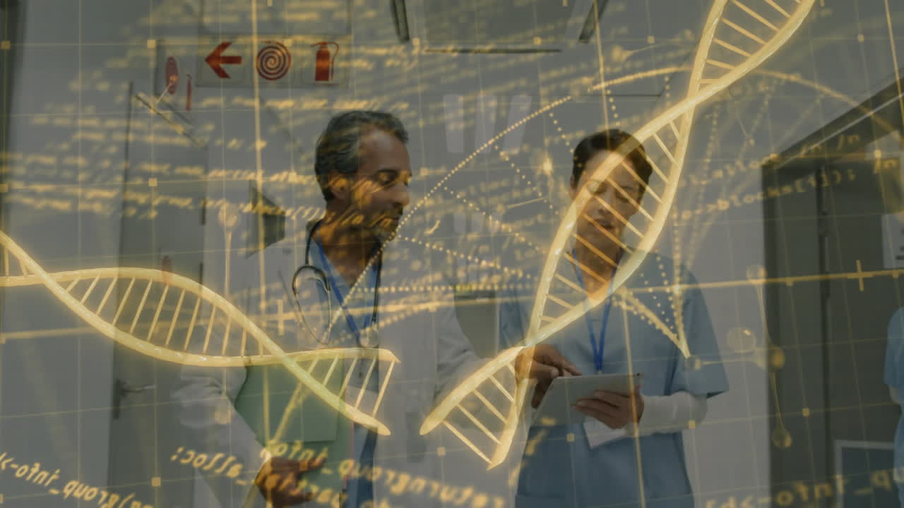 Male doctor and female nurse walking corridor examining tablet featuring DNA holographic strands