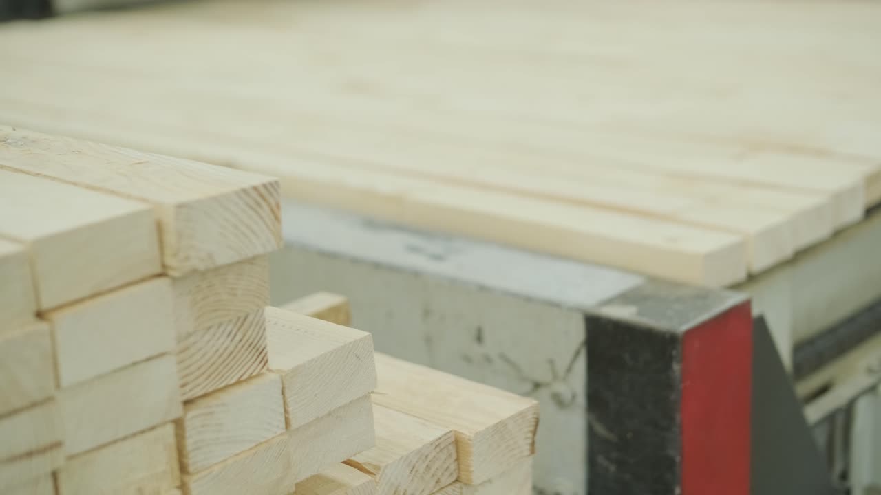 Wooden Planks Moving on a Conveyor Belt in a Woodworking Factory