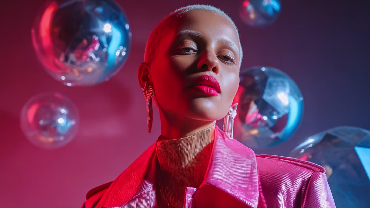 A Stunning Fashion Portrait Featuring a Model in a Glossy Pink Suit Standing Elegantly Amidst Floating Bubbles, Set Against a Dramatic Gradient Background of Blues and Reds, Perfect for High-Fashion Themes